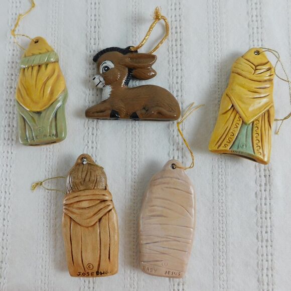 Vintage Nativity Christmas Flat Ornament Set of 5 Jesus Joseph Wiseman Donkey - Picture 3 of 16
